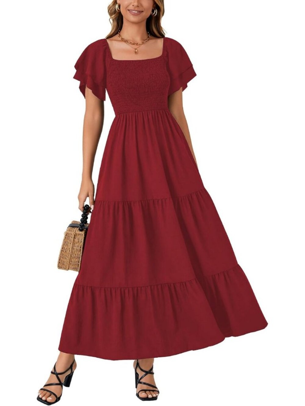 Chic Square Neck Midi Dress for Women - Elegant Casual Summer Style, Perfect Fit